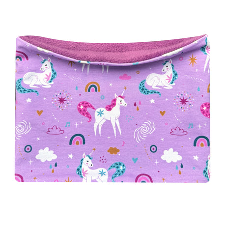 Wollhuhn Kinder Halstuch / Schlupfschal / Loop WARM mit Einhörnern und Regenbogen, fliederfarben, mit kuscheligem Fleece-Innenfutter, ideal für kalte Tage.