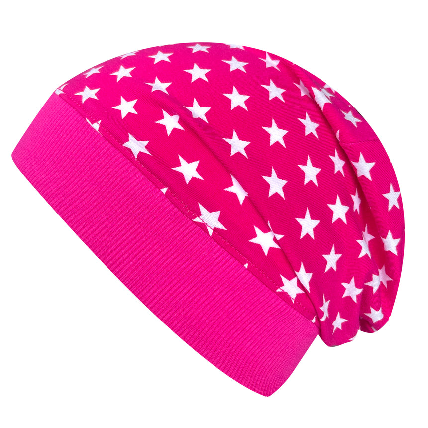 Wollhuhn Dünne Öko Beanie-Mütze Sommer/Übergang: Handgemachte pinke Beanie mit weißen Sternen, elastischem Bund, ideal für Kinder, aus weichem, dehnbarem Öko-Jersey.