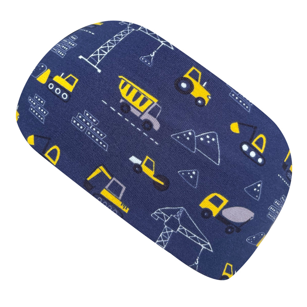 Wollhuhn Elastisches Öko Stirnband Jersey, zweilagig und breit, mit Baustellen- und Bagger-Motiv auf dunkelblauem Stoff, handgefertigt in Deutschland.