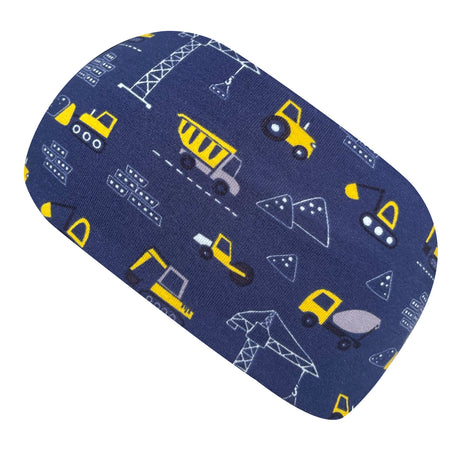 Wollhuhn Elastisches Öko Stirnband Jersey, zweilagig und breit, mit Baustellen- und Bagger-Motiv auf dunkelblauem Stoff, handgefertigt in Deutschland.