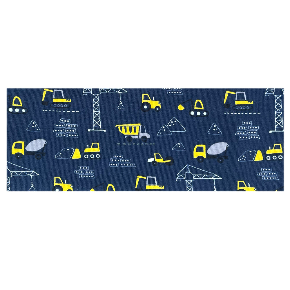 Wollhuhn Elastisches Öko Stirnband, zweilagig, mit Baustellenmotiv in Dunkelblau/Gelb. Handgefertigt, bequem und vielseitig, ideal für Kinder und Erwachsene.