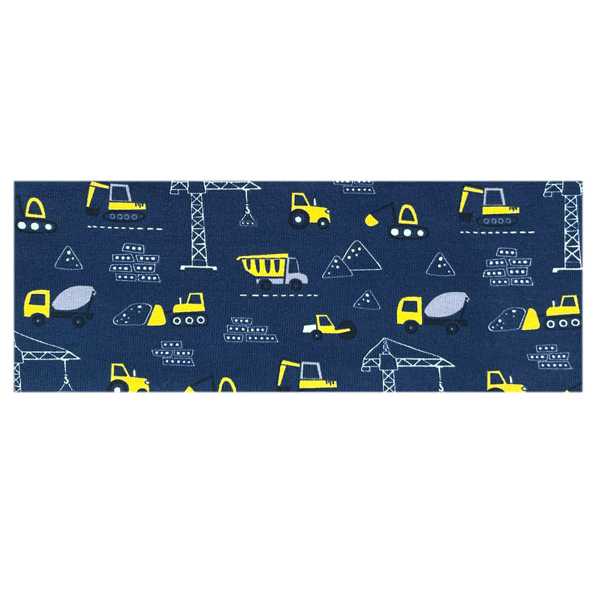 Wollhuhn Elastisches Öko Stirnband, zweilagig, mit Baustellenmotiv in Dunkelblau/Gelb. Handgefertigt, bequem und vielseitig, ideal für Kinder und Erwachsene.
