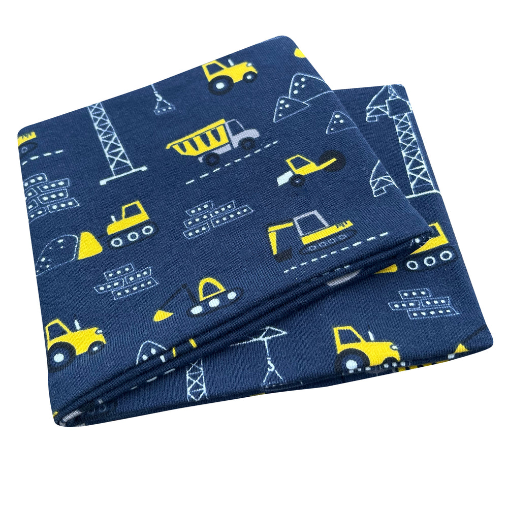 Wollhuhn Elastisches Öko Stirnband Jersey, dunkelblau mit Bagger-Motiv, doppellagig und handgemacht. Ideal für Kinder und Erwachsene, vielseitig tragbar.