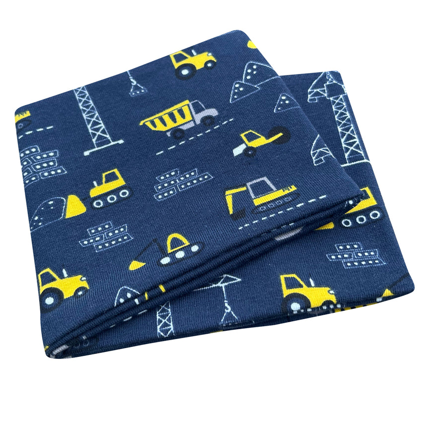 Wollhuhn Elastisches Öko Stirnband Jersey, dunkelblau mit Bagger-Motiv, doppellagig und handgemacht. Ideal für Kinder und Erwachsene, vielseitig tragbar.