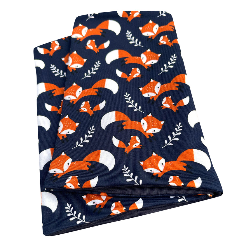 Wollhuhn Leichtes Öko Jersey Halstuch mit Fuchs-Muster, handgemacht, ideal für Kinder. Perfekt für Frühling und Herbst, weicher Jersey, locker und hautfreundlich.