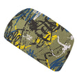 Nahaufnahme eines handgefertigten Wollhuhn Elastisches Öko Stirnband / Haarband Jersey Zweilagig Breit im Camouflage-Design, ideal für vielseitige Outdoor-Aktivitäten.