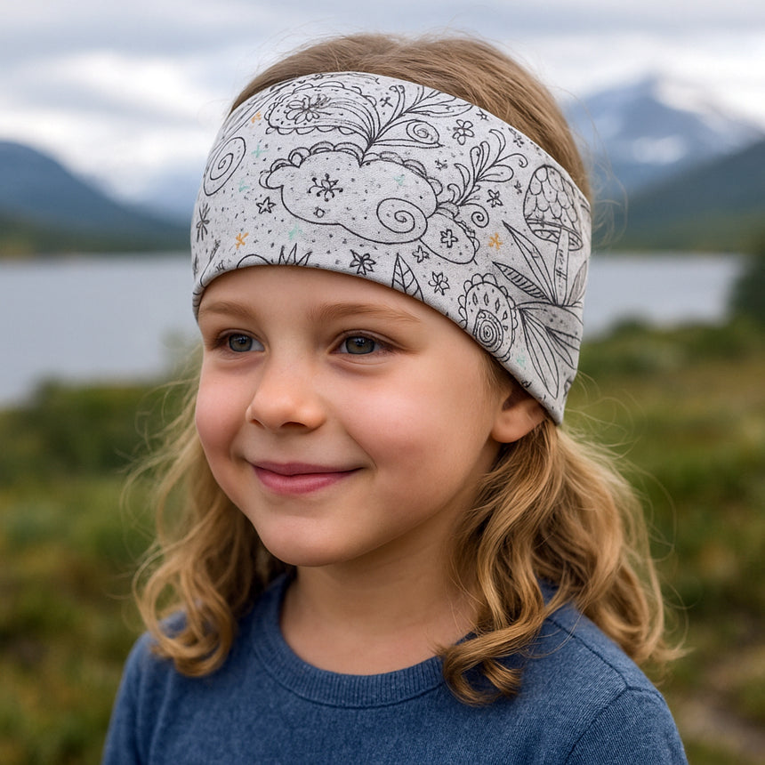 Mädchen trägt Wollhuhn Elastisches Öko Stirnband/Haarband, Jersey, zweilagig, breit, ideal für vielseitige Outdoor-Aktivitäten. Handgemacht in Deutschland, weich und dehnbar.