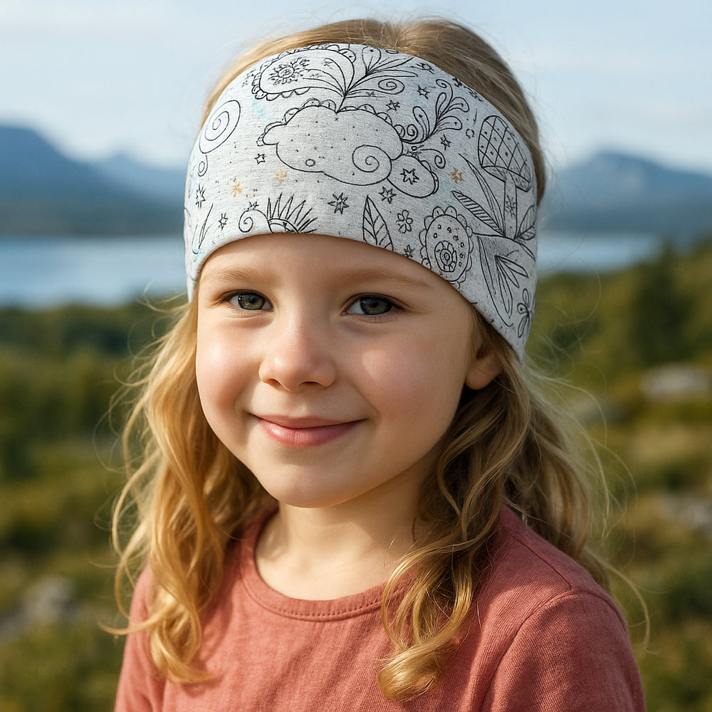 Mädchen trägt Wollhuhn Elastisches Öko Stirnband, zweilagig und breit, ideal für Sport und Freizeit, handgefertigt aus Bio-Baumwolle, perfekt für Kinder und Erwachsene.
