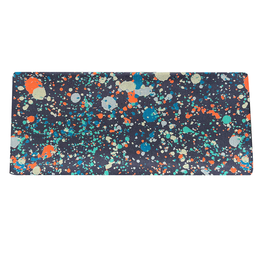 Wollhuhn Elastisches Öko Stirnband / Haarband Jersey Zweilagig Breit, handgemacht, mit buntem Splatter-Muster, ideal für Outdoor-Aktivitäten, passt unter Helme, aus Bio-Baumwolle.