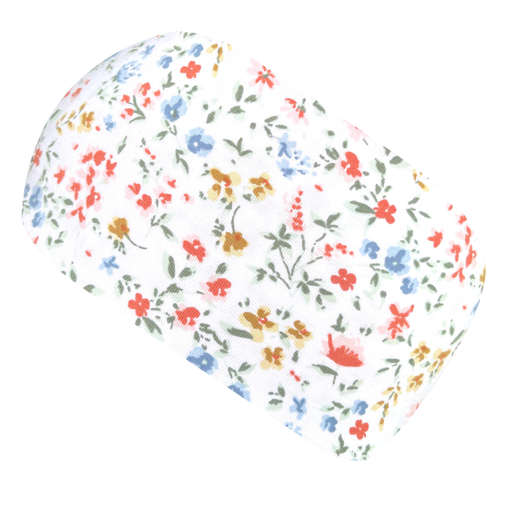 Wollhuhn Elastisches Öko Stirnband: Weißes Jersey-Stirnband mit bunten Blumen, handgenäht, hautfreundlich, für Kinder und Erwachsene, ideal für Alltag und Sport.