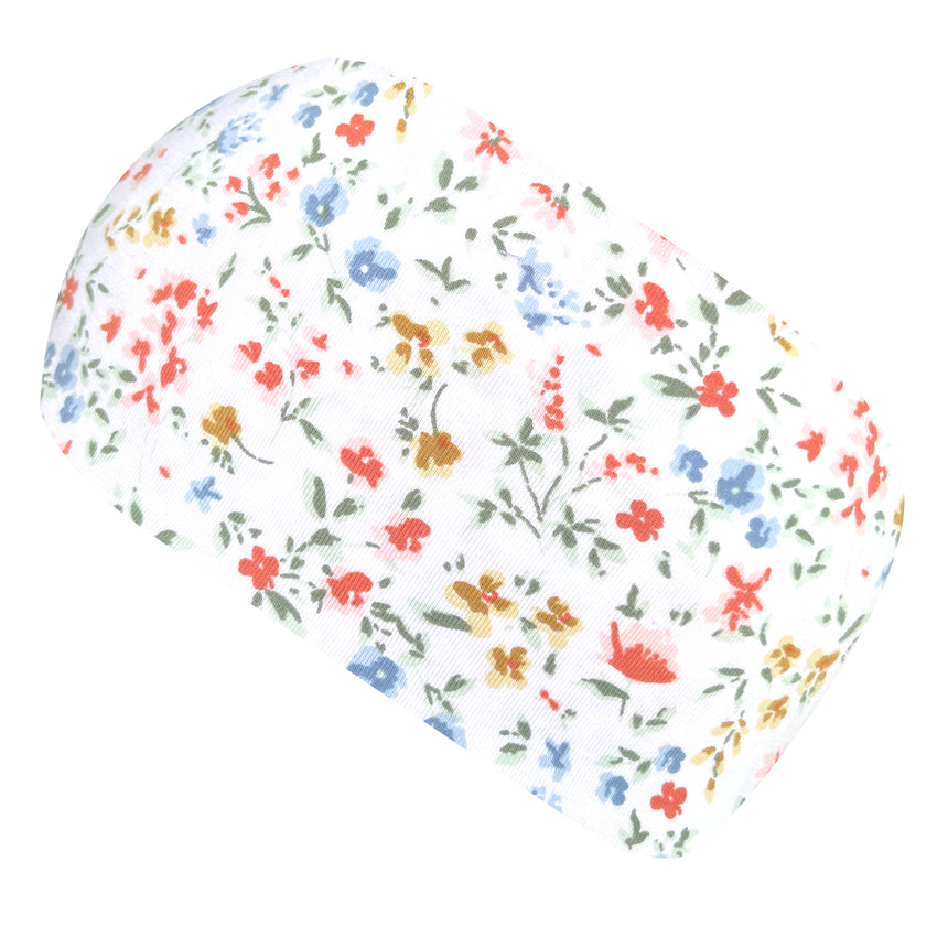 Wollhuhn Elastisches Öko Stirnband: Weißes Jersey-Stirnband mit bunten Blumen, handgenäht, hautfreundlich, für Kinder und Erwachsene, ideal für Alltag und Sport.