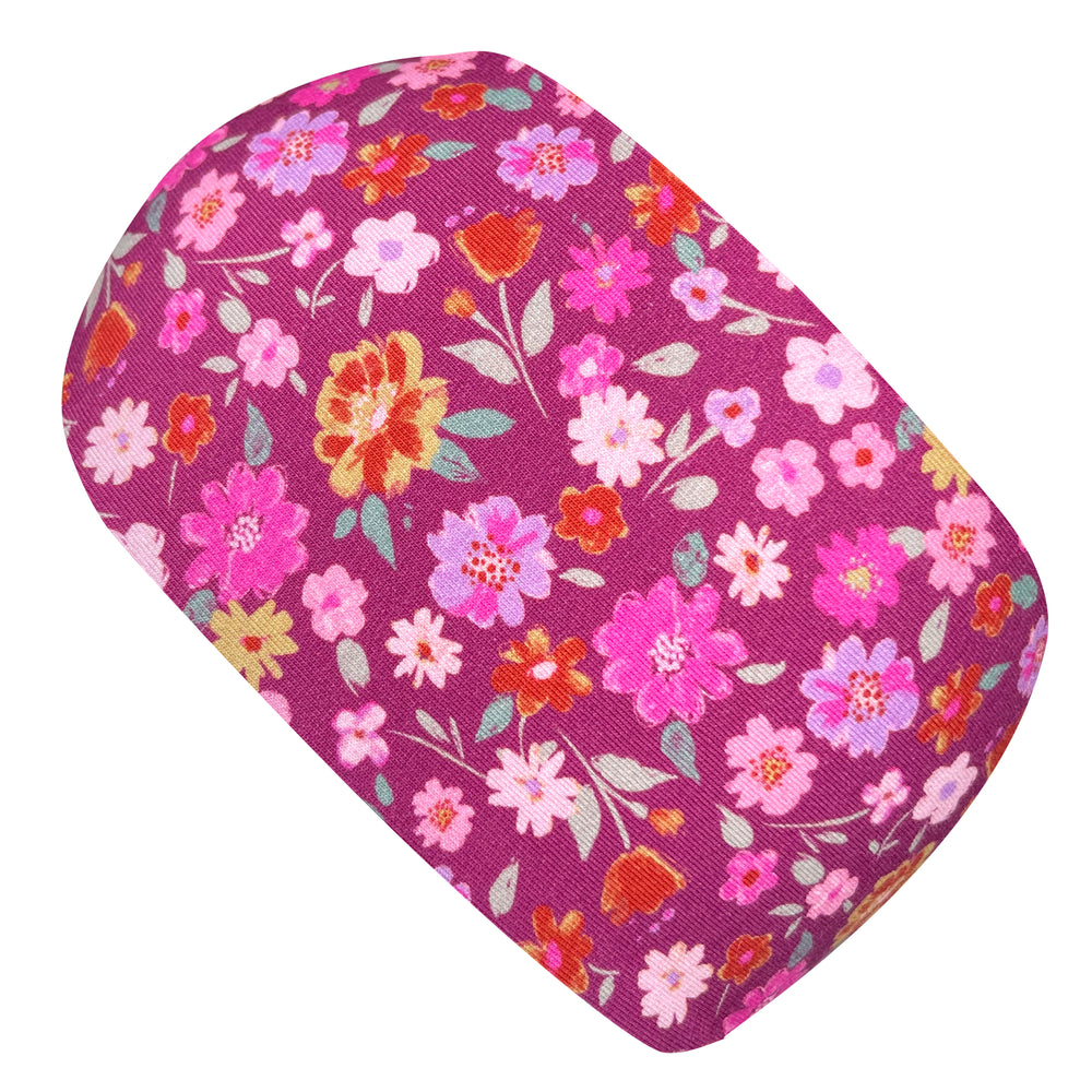 Wollhuhn Elastisches Öko Stirnband: Handgenähtes, zweilagiges Jersey-Stirnband mit pink-rotem Blumenmuster, hautfreundlich und dehnbar, ideal für Kinder und Erwachsene.