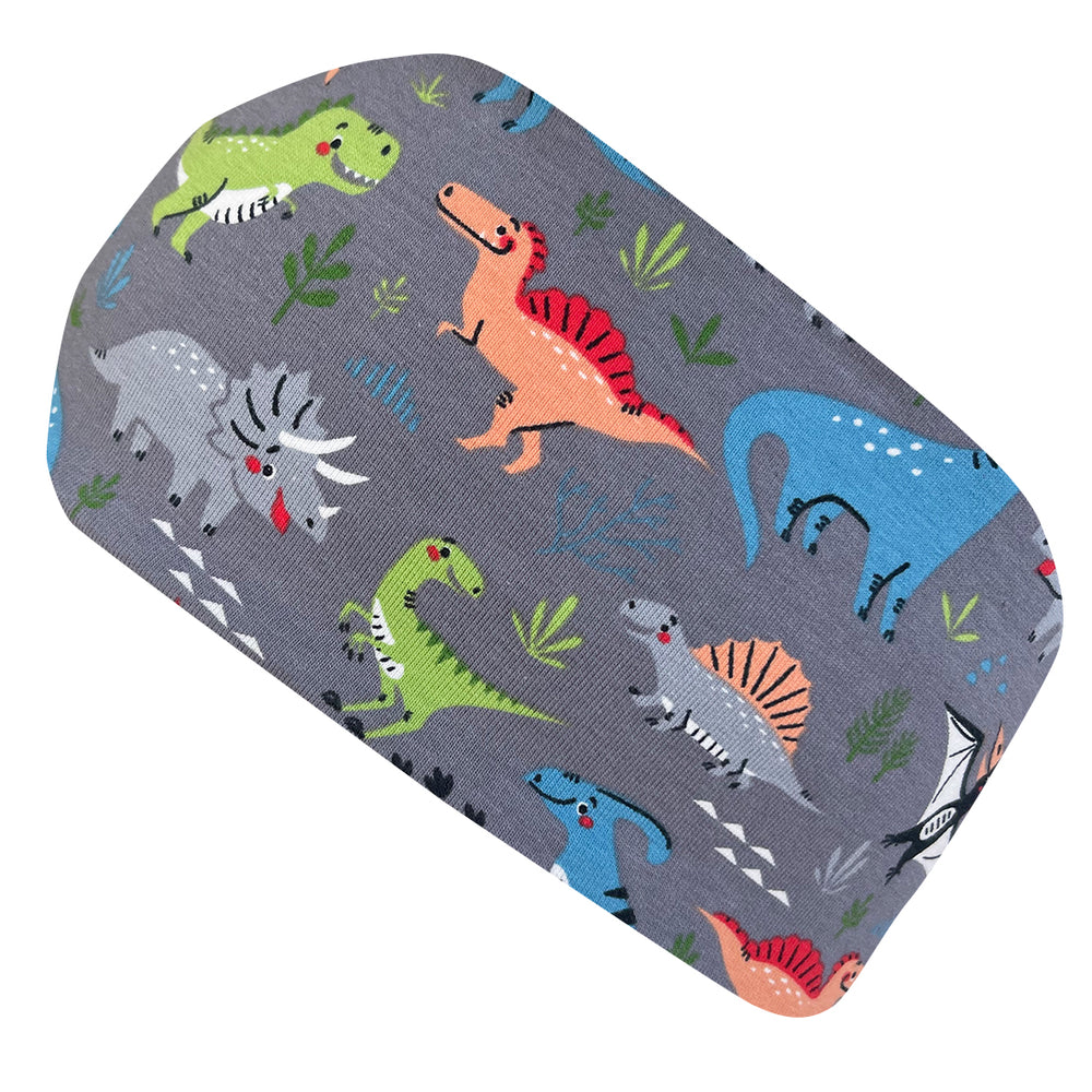 Wollhuhn Elastisches Öko Stirnband Jersey mit bunten Dinosauriern, handgemacht aus weicher, dehnbarer Bio-Baumwolle, ideal für vielseitigen, bequemen Tragekomfort.