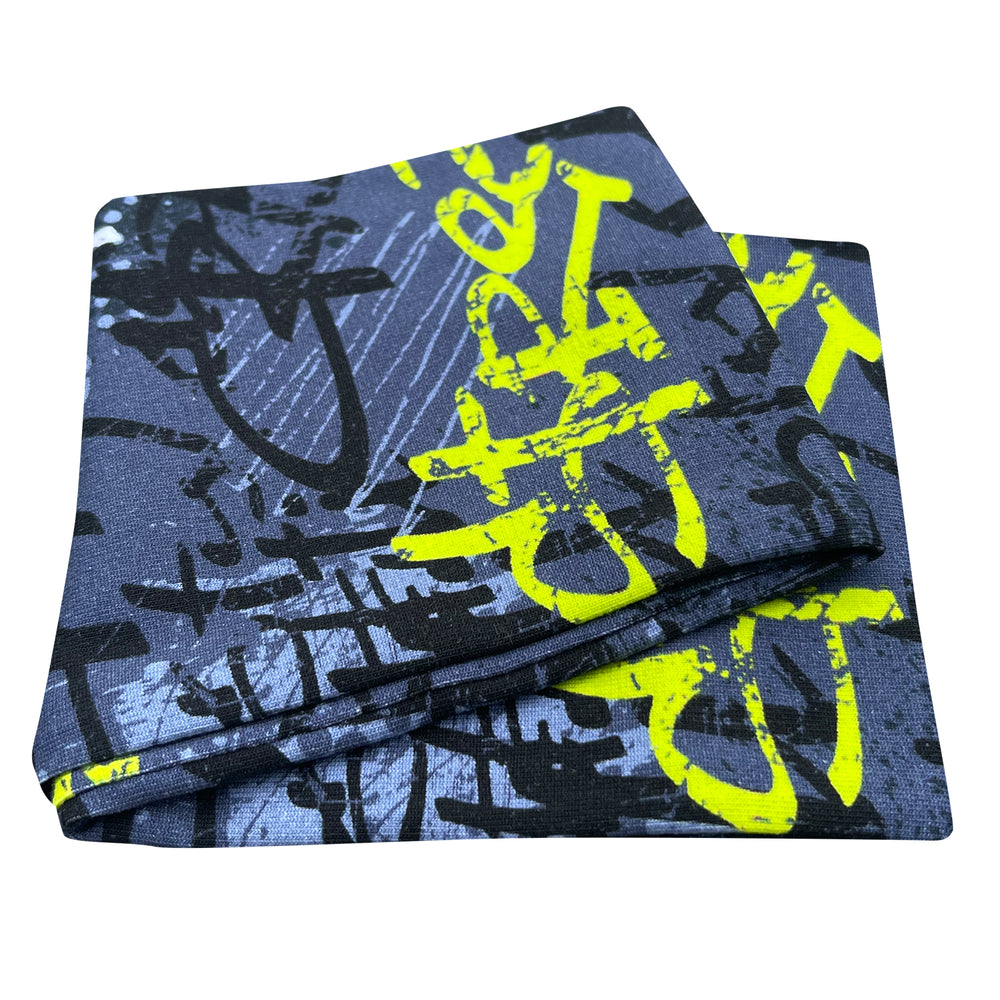 Wollhuhn Elastisches Öko Stirnband, zweilagig aus Jersey, grau mit limefarbenem Skater-Motiv, handgefertigt und weich, ideal für vielseitigen Gebrauch.