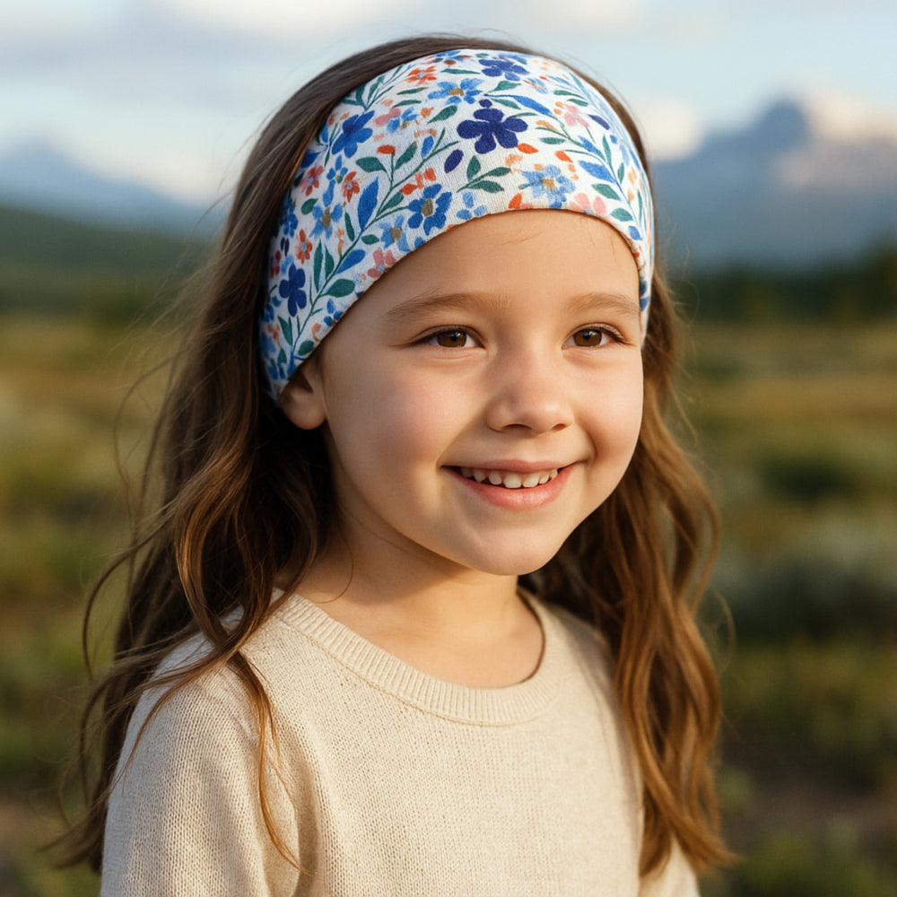 Ein Mädchen trägt das Wollhuhn Elastisches Öko Stirnband, handgemacht aus Jersey, ideal für Freizeit- und Outdoor-Aktivitäten. Perfekt für Kinder und Erwachsene.