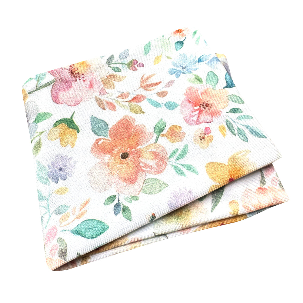 Wollhuhn Elastisches Öko Stirnband, Jersey zweilagig, mit Aquarellblumenmuster, handgemacht und weich, ideal für vielseitigen Einsatz und komfortables Tragen.