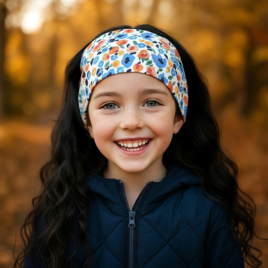 Junges Mädchen mit langem, dunklem Haar trägt Wollhuhn Elastisches Öko Stirnband, Jersey, zweilagig, breit, mit Blumenmuster, lächelnd in herbstlicher Umgebung.