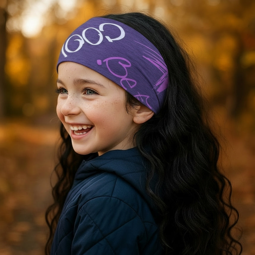 Mädchen trägt Wollhuhn Elastisches Öko Stirnband Jersey Zweilagig Breit Cool Music Violett, lächelt im herbstlichen Freien. Ideal für Outdoor-Aktivitäten.