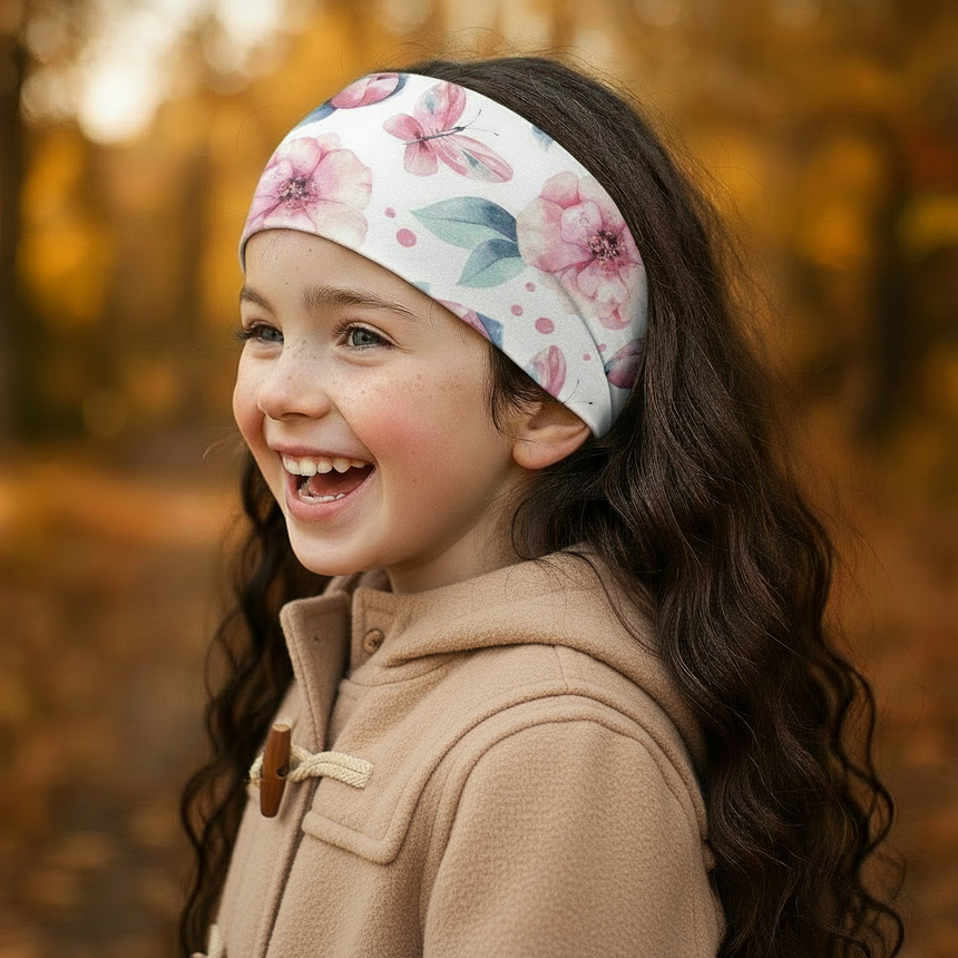 Kind mit Wollhuhn Elastisches Öko Stirnband, Haarband Jersey Zweilagig Breit Blumen Altrosé, trägt hellbraunen Mantel, lächelt auf herbstlichem Weg.