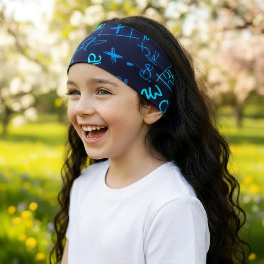 Ein lachendes Mädchen trägt das Wollhuhn Elastisches Öko Stirnband/Haarband Jersey, breit und zweilagig, in Blau, ideal für Schule und Freizeit.