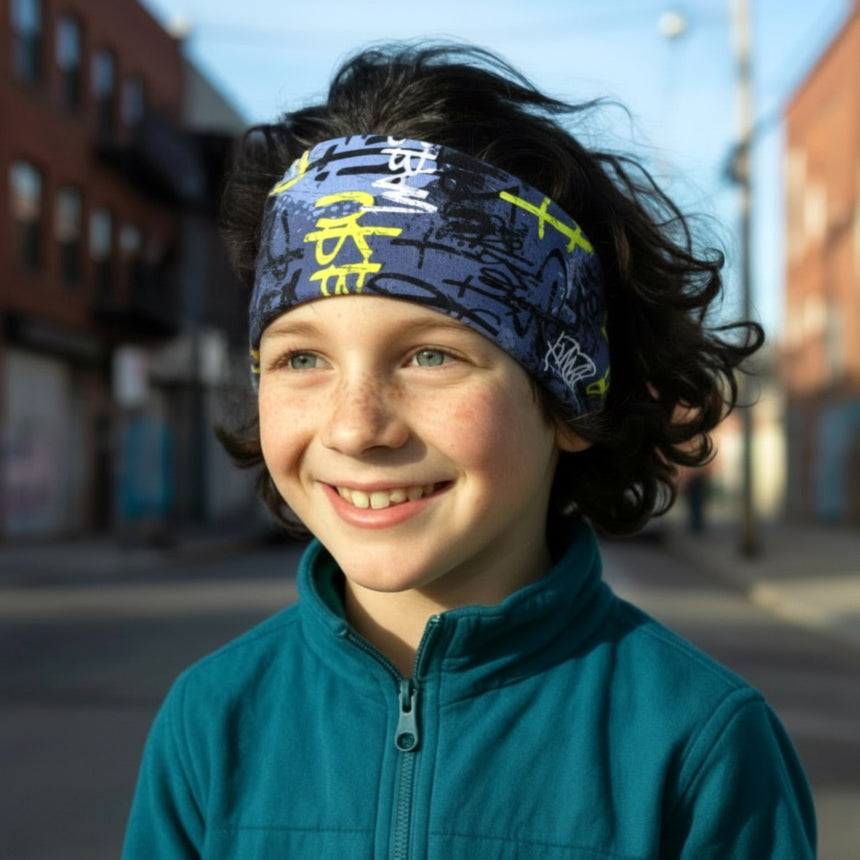 Kind mit Wollhuhn Elastisches Öko Stirnband, lächelt in urbaner Umgebung. Handgemachtes, vielseitiges Stirnband aus Bio-Baumwolle, ideal für Outdoor-Aktivitäten.