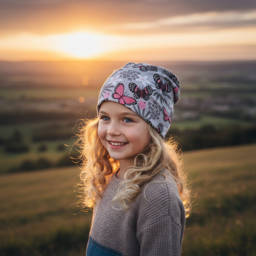 Mädchen im Sonnenuntergangsfeld trägt Wollhuhn Öko Shorties / Wendemütze, handgemacht, zweilagig, Schmetterlinge, ideal für aktive Kinder, stilvoll und bequem.