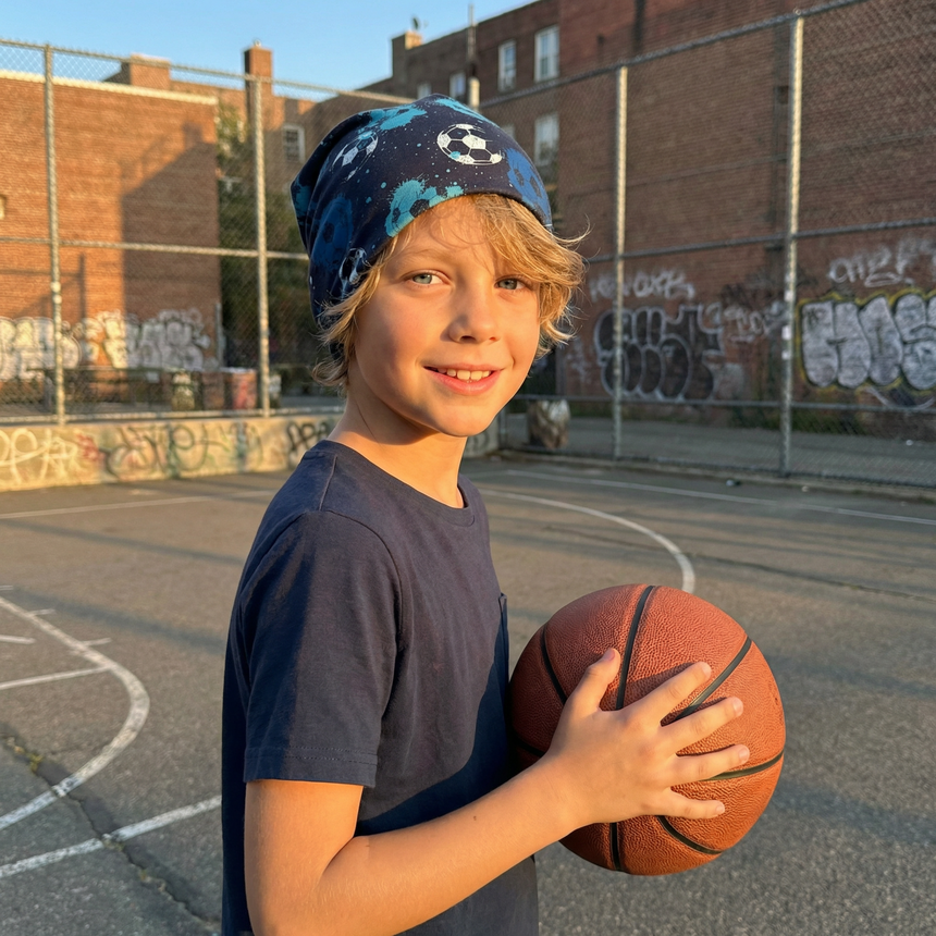 Wollhuhn Öko Shorties / Wendemütze, Ganzjährig, Zweilagig, Fußball Blautöne