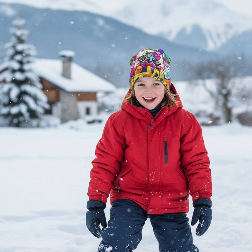 Kind im Schnee mit Wollhuhn Öko Long Beanie, zweilagig, bunt. Fröhlich und warm, ideal für ganzjähriges Tragen, handgefertigt in Deutschland.
