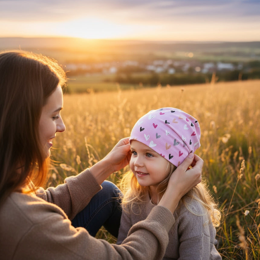 Frau setzt einem Mädchen die Wollhuhn Öko Long Beanie / Wendemütze, Ganzjährig, Zweilagig, Herzen Rosa auf, während sie friedlich im sonnenbeschienenen Feld sitzen.