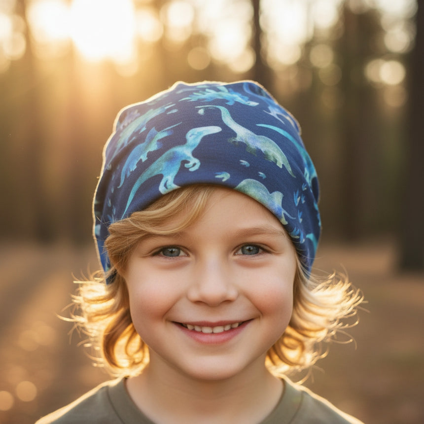 Ein lächelndes Kind trägt die Wollhuhn Öko Long Beanie / Wendemütze in Blau mit Dinosauriern, ideal für Frühling und Herbst, auf einem Waldweg.