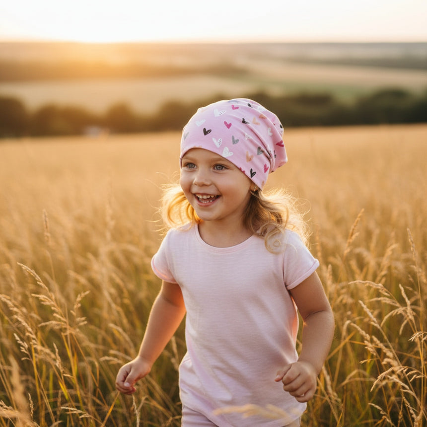 Mädchen trägt Wollhuhn Öko Long Beanie, Wendemütze in Herzmuster, während sie lachend durch ein goldenes Weizenfeld bei Sonnenuntergang läuft, zeigt Freude und Unbeschwertheit.