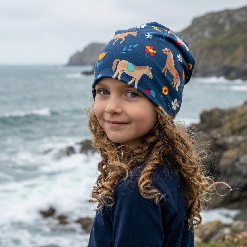 Wollhuhn Öko Long Beanie / Wendemütze, Ganzjährig, Zweilagig, Pony Blau