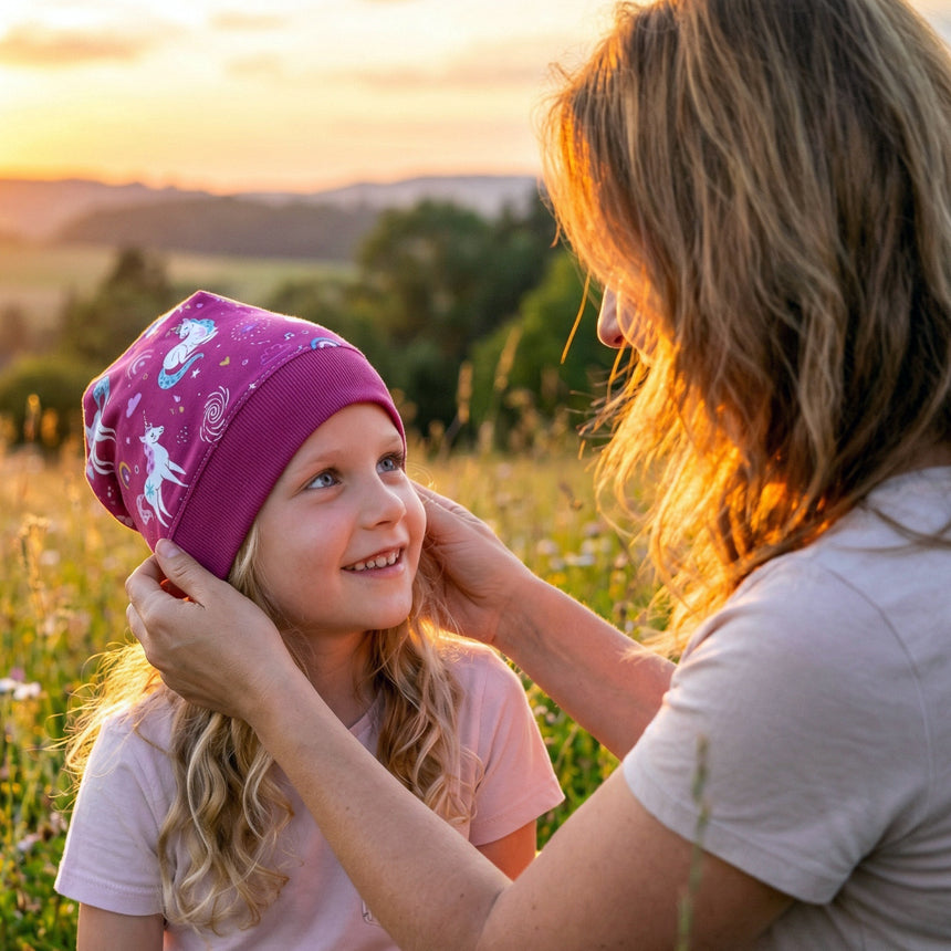 Mädchen im Blumenfeld trägt Wollhuhn Dünne Öko Beanie-Mütze mit Einhornmotiv, Mutter passt sie an. Handgemacht, elastisch, ideal für Sommer und Übergang.
