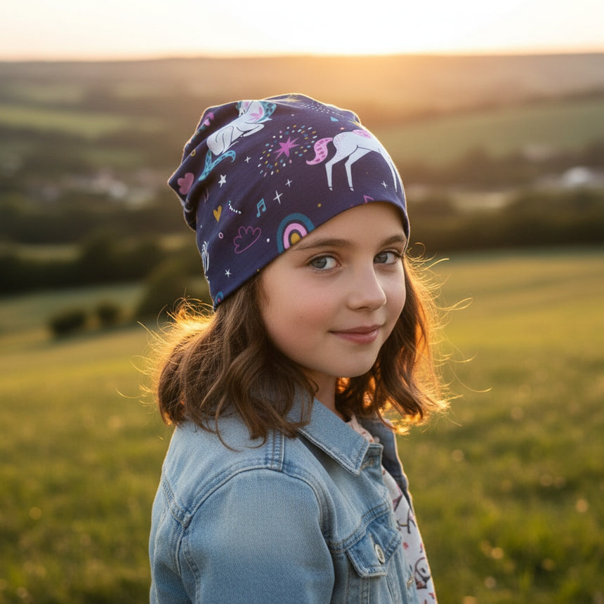 Ein junges Mädchen trägt eine Wollhuhn Öko Long Beanie mit Einhornmotiv, fotografiert im Sonnenuntergangsfeld, zeigt den lässigen, zweilagigen Stil dieser handgemachten Wendemütze.