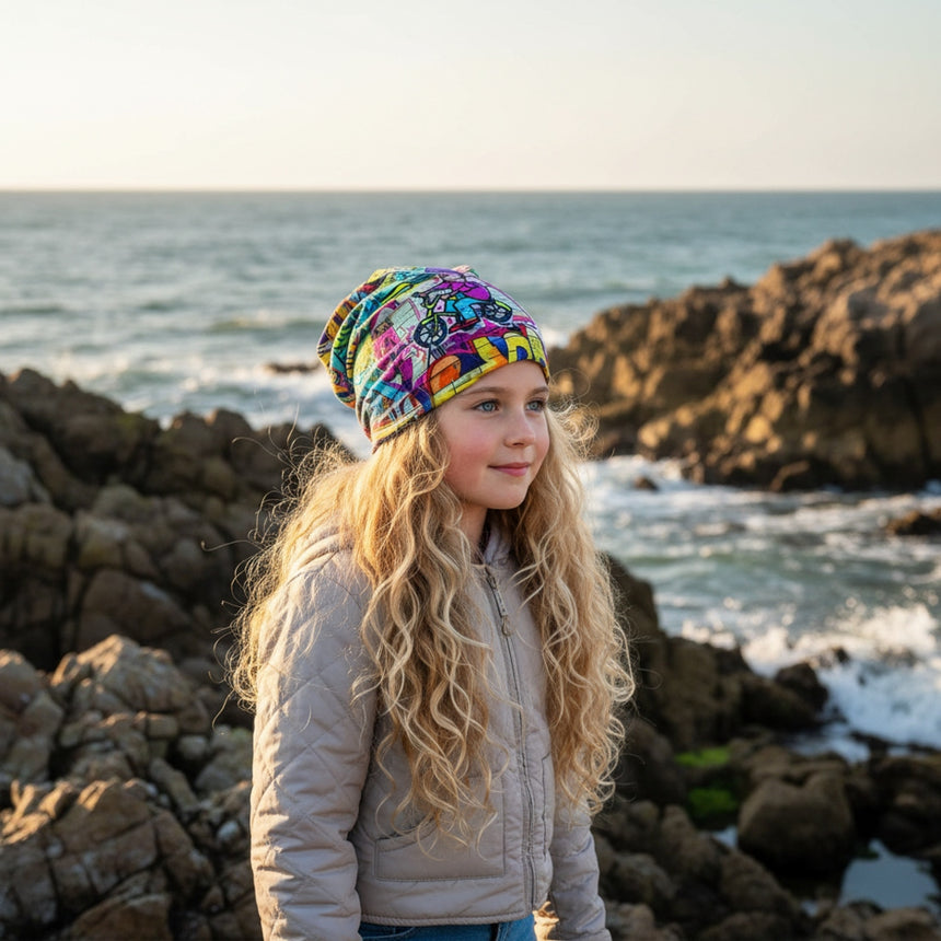 Mädchen am Meer trägt Wollhuhn Öko Long Beanie, Wendemütze, zweilagig, Streetart/Graffiti bunt; ideal für ganzjähriges Tragen, bequem und formbeständig.