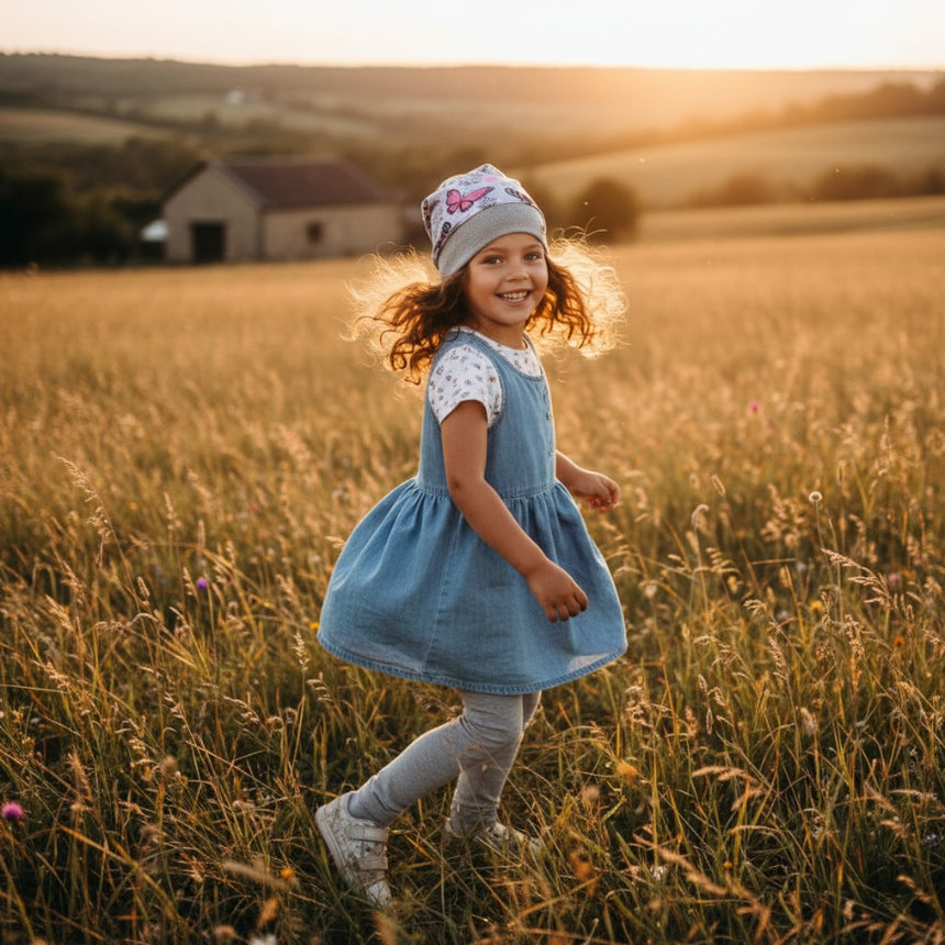 Ein Mädchen trägt die Wollhuhn Dünne Öko Beanie-Mütze mit Schmetterlingsmotiv, ideal für Sommer und Übergangszeit, beim Spielen im sonnenbeschienenen Wiesenfeld.