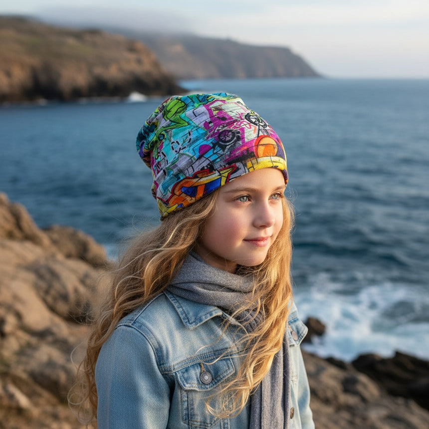 Mädchen am felsigen Strand trägt Wollhuhn Öko Long Beanie, zweilagig, streetart/graffiti bunt, ideal für kühle Tage, bequem und wendbar, handgefertigt in Deutschland.