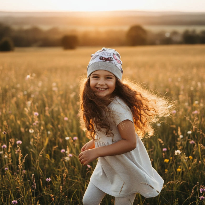 Mädchen in Wiese trägt Wollhuhn Dünne Öko Beanie-Mütze, perfekt für Sommer/Übergang. Handgemacht, atmungsaktiv und komfortabel, ideal für aktive Kinder.