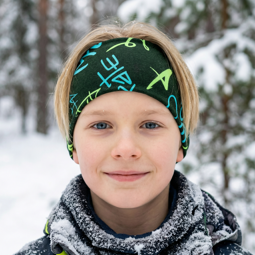 Junge im Wald trägt Wollhuhn Elastisches Öko Stirnband in grün-blauem Muster, aus weichem, handgemachtem Bio-Jersey, ideal für Outdoor-Aktivitäten.