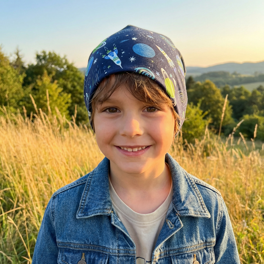 Kind lächelt in einem Feld, trägt eine Wollhuhn Öko Shorties Wendemütze, zweilagig, Space Dunkelblau, kombiniert mit einer Jeansjacke.