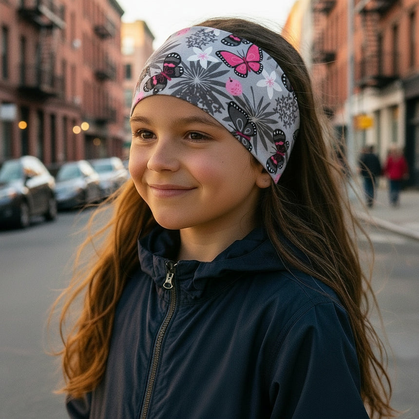 Mädchen trägt Wollhuhn Elastisches Öko Stirnband mit Schmetterlingen, ideal für Outdoor-Aktivitäten. Handgemacht, weich und vielseitig, passend für Kinder und Erwachsene.