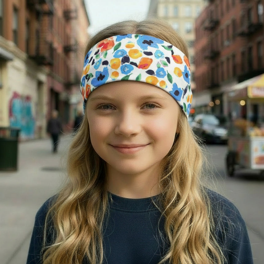 Mädchen mit Wollhuhn Elastisches Öko Stirnband, zweilagig, breit, mit Blumenmuster in Orange/Blau, handgemacht aus Bio-Baumwolle, ideal für Schule und Freizeit.