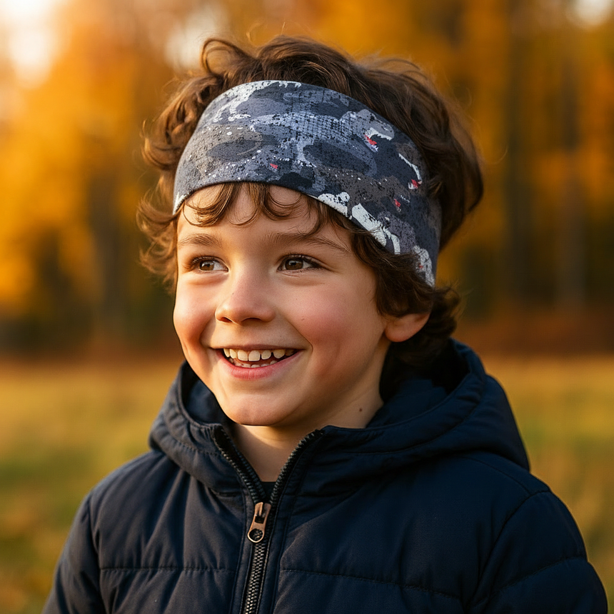 Junge trägt Wollhuhn Elastisches Öko Stirnband / Haarband Jersey Zweilagig Breit Dino Camouflage Grau, lächelnd im herbstlichen Licht, ideal für Outdoor-Aktivitäten.