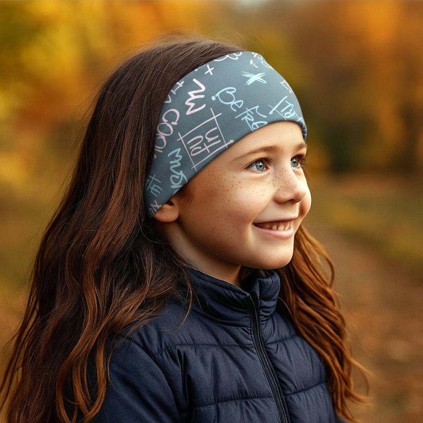 Ein Mädchen trägt ein Wollhuhn Elastisches Öko Stirnband mit handgezeichneten Symbolen, perfekt für Outdoor-Aktivitäten, aus weichem, atmungsaktivem Jersey, ideal für Herbstwetter.