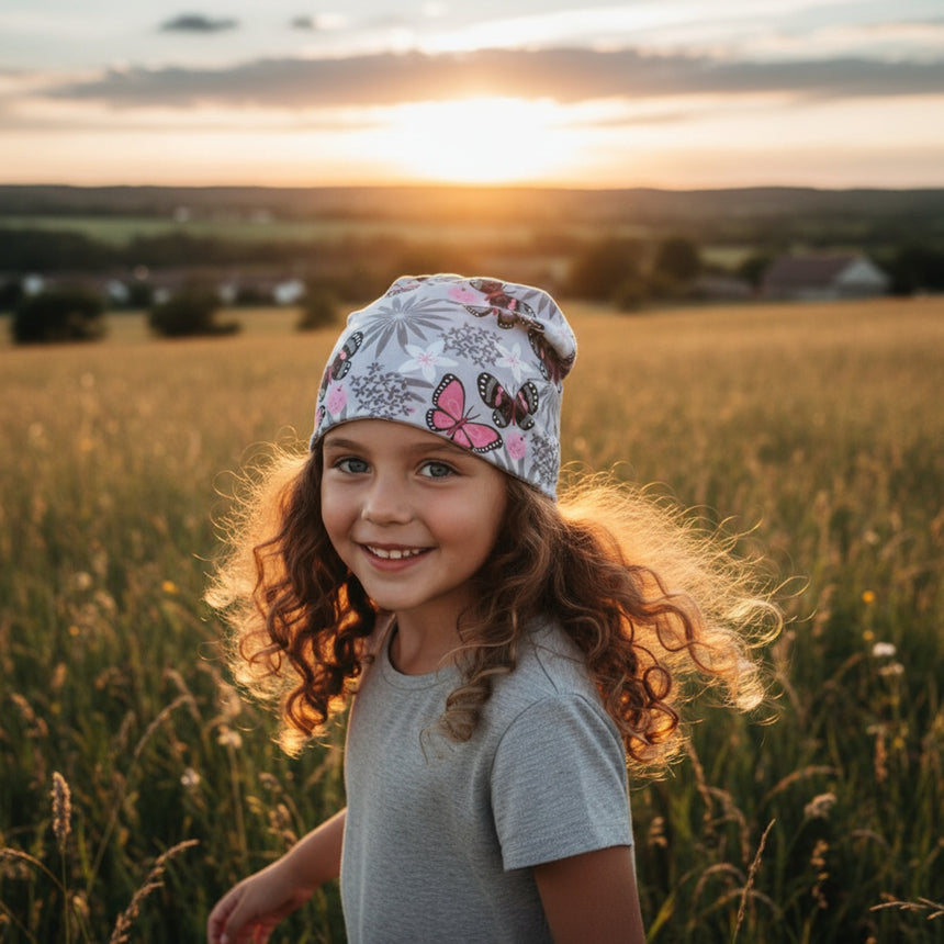 Mädchen im Sonnenlicht trägt Wollhuhn Öko Shorties Wendemütze mit Schmetterlingsmotiv, die warm und bequem für aktive Kinder ist.