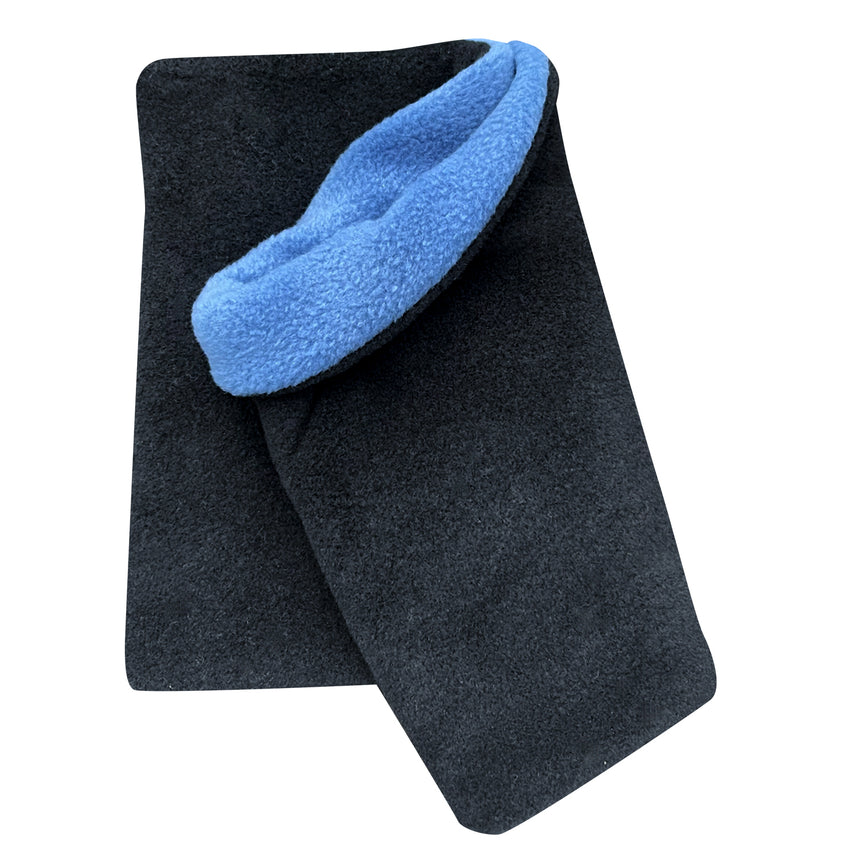 Wollhuhn WINTER Halstuch/Schlupfschal „Unser Wärmster“, doppellagiger Fleece, handgemacht, schwarz/jeansblau, ideal für Kinder und Erwachsene, bietet Wärme und Windschutz.