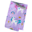 Wollhuhn Leichtes Öko Jersey Halstuch mit Einhörnern und Regenbogendesign, handgefertigt in Flieder, ideal für Kinder, weich und wendbar, für Frühling und Sommer.