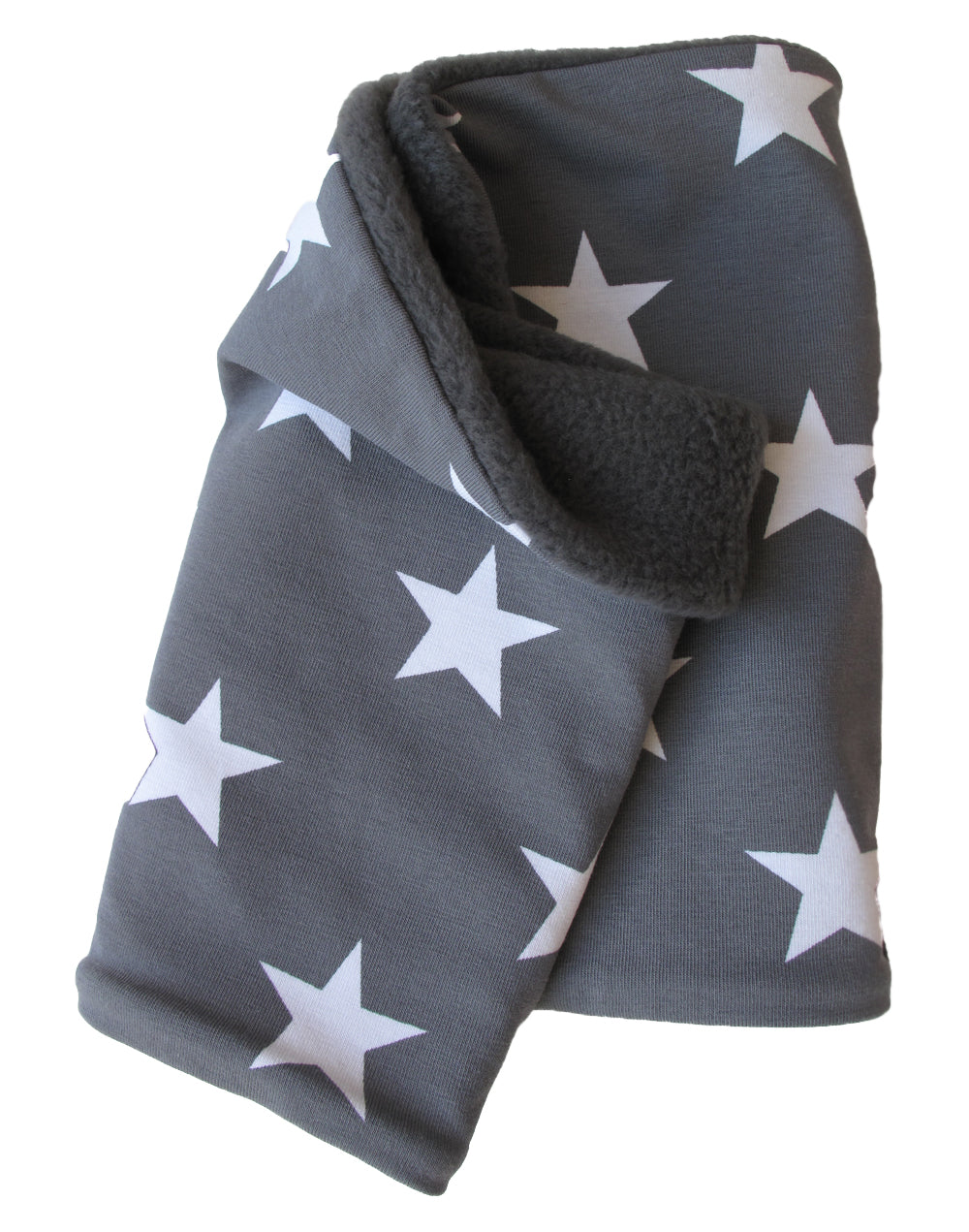 Wollhuhn Halstuch / Schlupfschal / Loop WARM, Innen Fleece, Große Sterne Grau/Weiß, handgefertigt, mit weichem Fleecefutter, ideal für Kinder und Erwachsene bei kaltem Wetter.