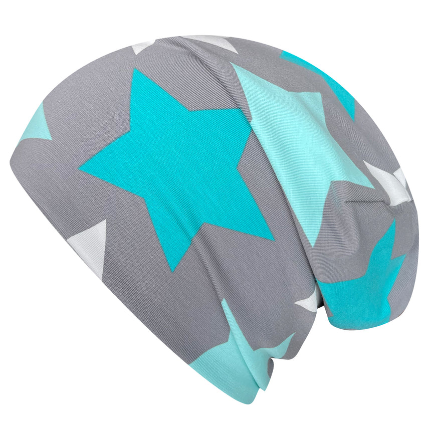 Wollhuhn Öko Long Beanie / Wendemütze: Graue und blaue Mütze mit großen Sternen, zweilagig, aus weichem Baumwolljersey, für ganzjähriges Tragen geeignet.