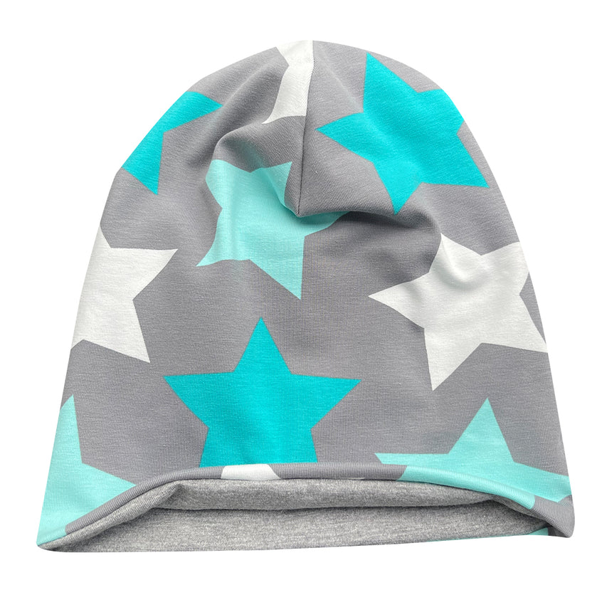 Wollhuhn Öko Long Beanie / Wendemütze, ganzjährig, zweilagig mit großen grauen und mintfarbenen Sternen, weich und formbeständig, ideal für Kinder und Jugendliche.